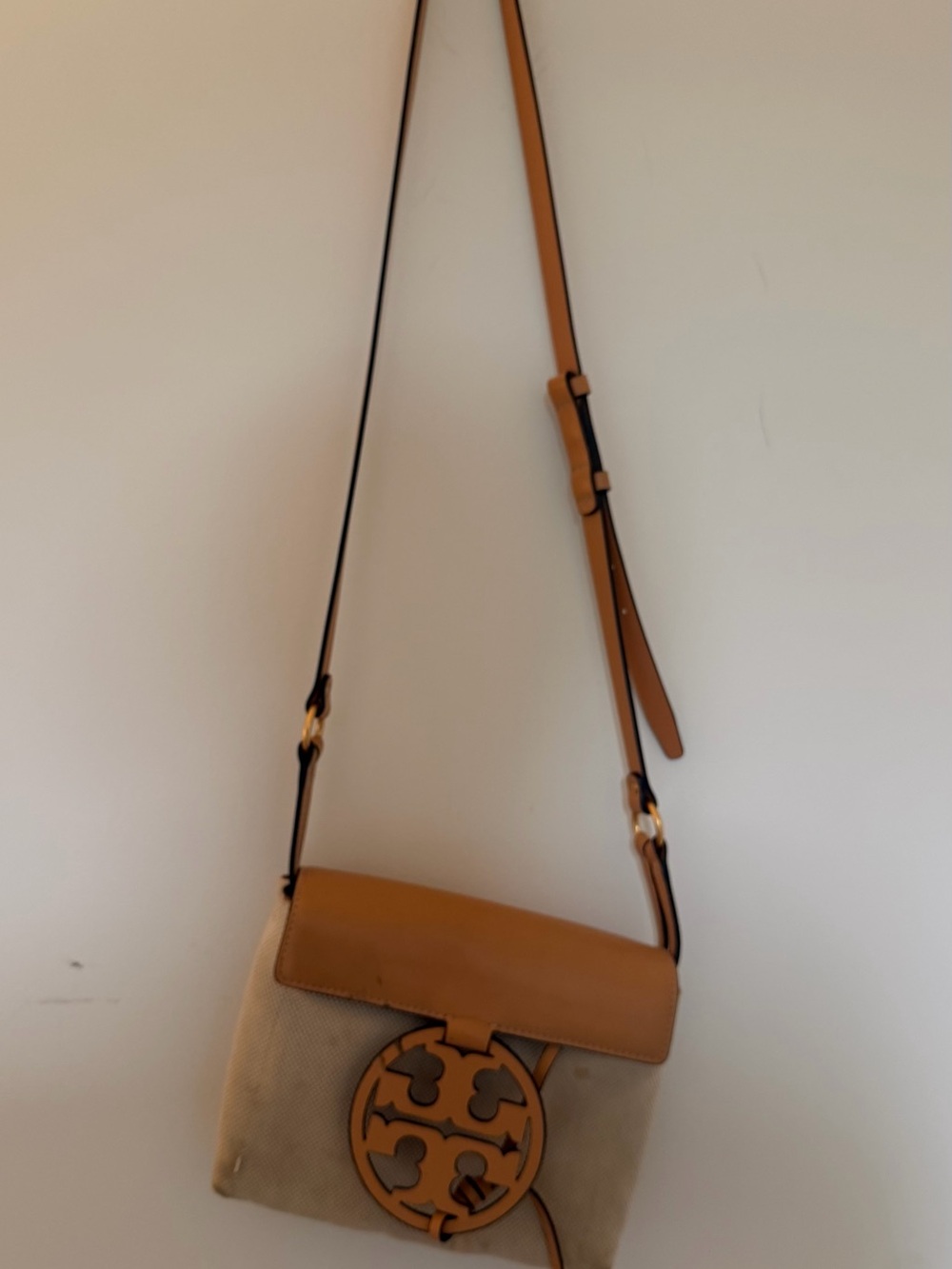 TORY BURCH Beige and Tan Crossbody Bag with Signature Cutout Emblem